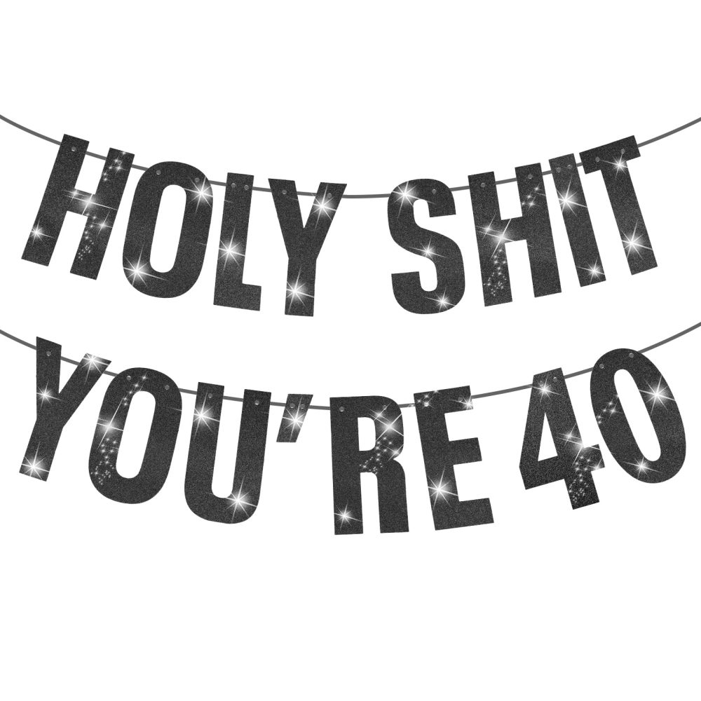 Happy 40th Birthday Banner, 40th Birthday Decorations Banner for Women Men Gold Glitter Banner Birthday Party Decor Sign Funny Party Supplies Holy Shit You're 40 Birthday Banner Black(40th)