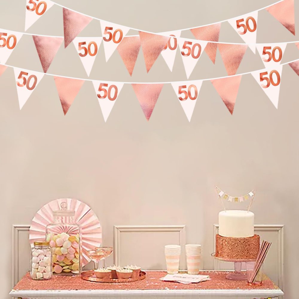 26FT Rose Gold 50th Birthday Party Decorations Pink Fabric Pennant Banner Garland Streamers for Womens 50 and Fabulous Birthday Cheers to 50 Years Anniversary Home Outdoor Garden Decor Supplies - Image 4