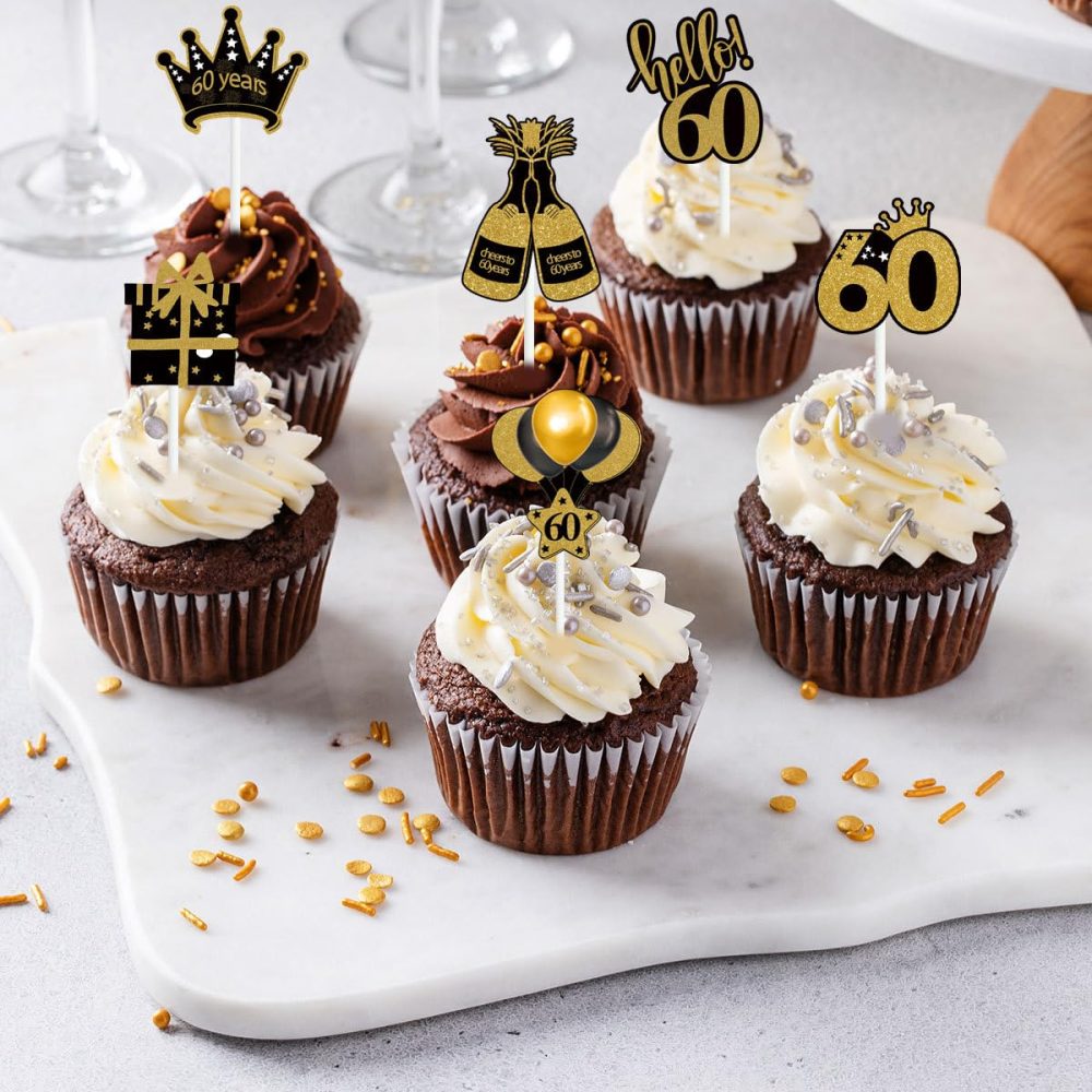 60th Birthday Cake Toppers for Women Men, Hello 60 Black Gold Cupcake Toppers Cheers to 60 Cake Decorations Food Picks Happy 60th Birthday Cake Toppers 60th Birthday Party Supplies (Pack of 12) - Image 3