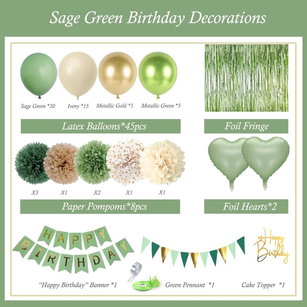 ZUXOLBIN Sage Green Birthday Party Decorations Jungle Olive Gold Green Balloons Happy Birthday Banner Fringe Curtain Background Cake Topper Neutral Birthday Decorations for Women Girls Boys Adults - Image 7