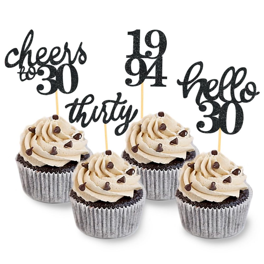 24 PCS Glitter 30th Birthday Cupcake Toppers for Celebrating Thirty Years Old Birthday Party Decorations for 30th Anniversary Party Supplies (Black)