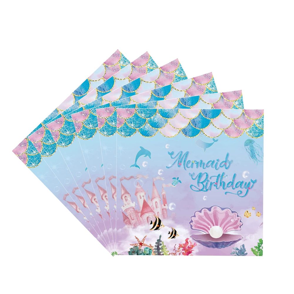 20Pcs Birthday Mermaid Napkins for Party,Little Mermaid Napkins,Mermaid Tissue Luncheon Napkin Serviettes Napkins,Mermaid Themed Decorations Paper Napkins for Girls Kids Birthday Party