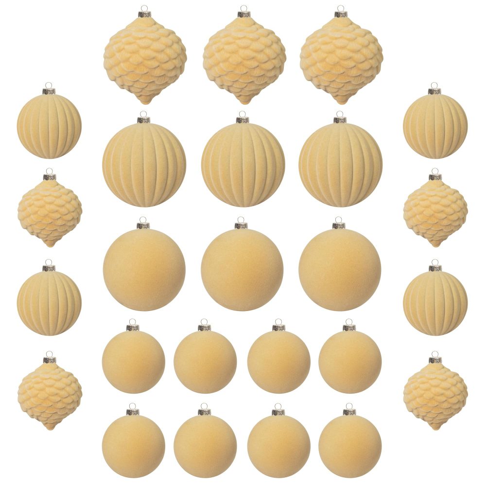 KI Store Light Brown Velvet Christmas Balls 25pcs Shatterproof Flocked Christmas Tree Ornaments Assorted for Xmas Tree Decorations