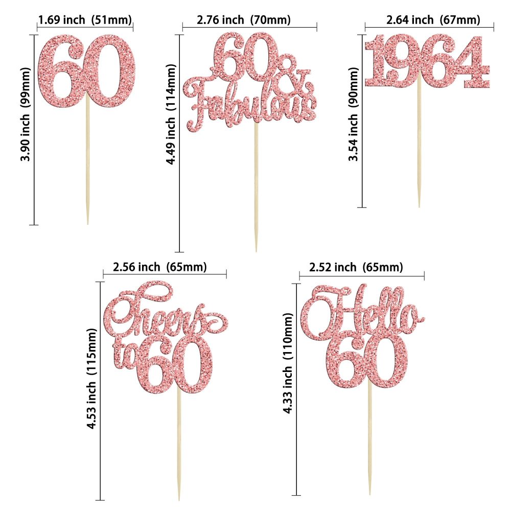 Gyufise 30Pcs 60th Birthday Cupcake Toppers 60 Fabulous Cupcake Picks Cheers to 60 1964 Cake Decorations for Happy 60th Birthday Wedding Anniversary Party Decoration Supplies Rose Gold - Image 7
