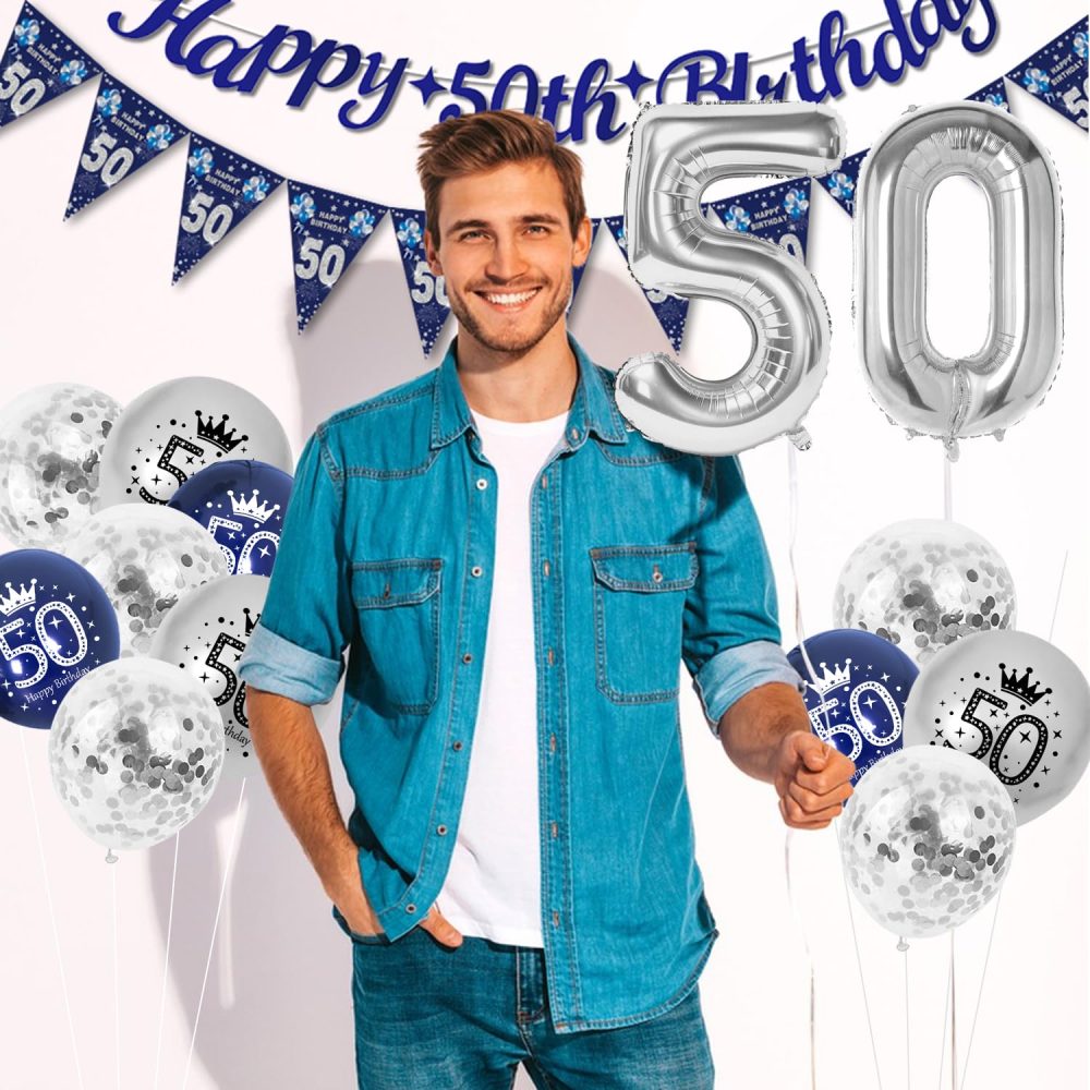 50th Birthday Decorations for Men, Happy 50th Birthday Banner Blue and Silver Party Decorations, 50th Birthday Balloons, Navy Blue and Silver Balloons Cake Topper for Men 50 Birthday Party Supplies - Image 2