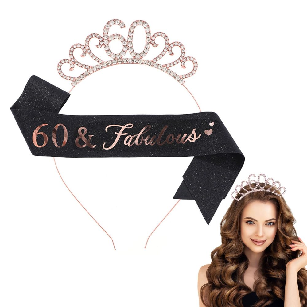 Rose Gold 60th Birthday Sash and Crystal Tiara Set - Elegant Birthday Accessories for Women, Perfect 60th Birthday Gifts, Decorations, and Party Supplies
