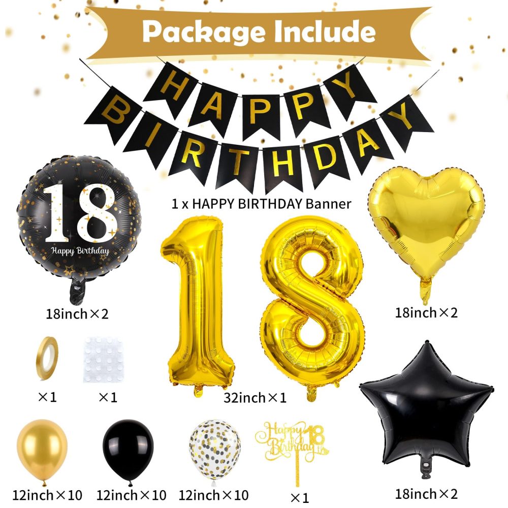 Black and Gold 18th Birthday Decorations, 18th Birthday Balloons Gold and Black 18th Party Decorations with Black Gold Balloons Happy Birthday Banner Cake Topper for Boys Girls 18th Birthday Supplies - Image 7