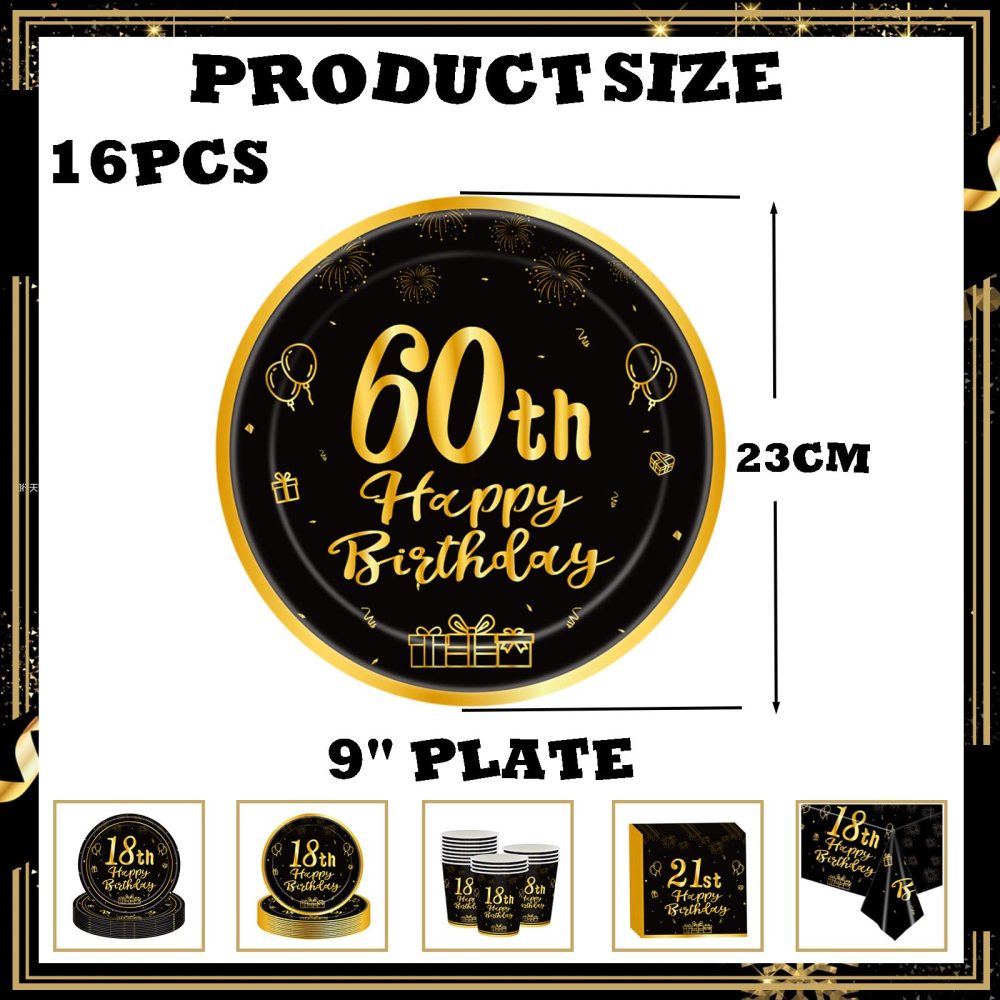 16Pcs Black Gold 60th Birthday Paper Plates 9",Birthday Tableware Party Plate Disposable,Happy 60th Birthday Table Decorations Plates Birthday Gifts for Women,Men,Ladies,Him,Her 60th Birthday Décor - Image 2