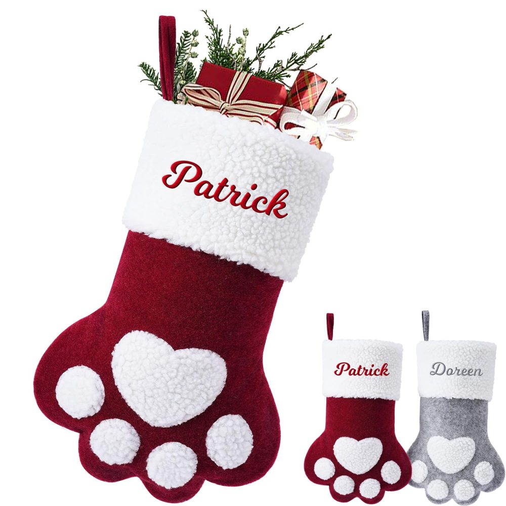 Jodimitty Pet Personalized Christmas Stockings 15"/39cm Large Cloth Christmas Stocking Embroidered Name, Cute Paw Shape Stocking for Family Pet, Christmas Tree Fireplace Decorations