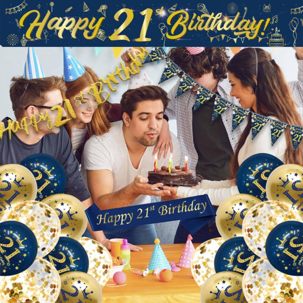 21th Birthday Decorations Kit,Blue Gold Happy 21th Birthday Banner,21th Birthday Balloons,Blue Gold Latex Balloons Party Decorations for men 21th Birthday Party Supplies (21th Birthday) - Image 2