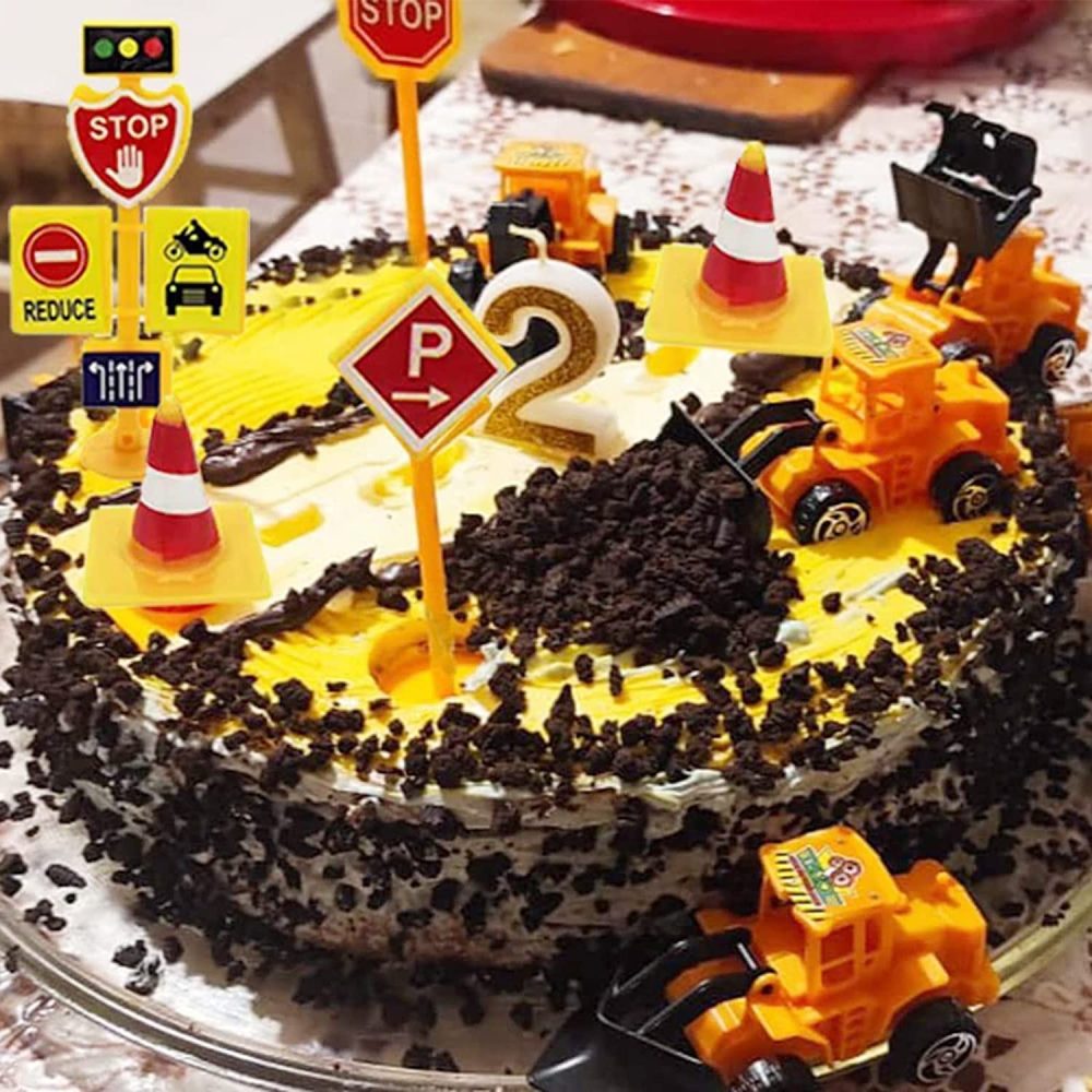 Morofme 16pcs Construction Cake Topper Vehicles Cake Decoration Set Truck Excavator Tower Crane Cupcake Topper Traffic and Road Sign Decor Happy Birthday Party Supplies Favors for Kids Boys - Image 3