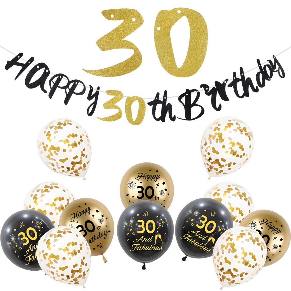 30th Birthday Decorations for Him,Black Gold Birthday Decoration Kit Incloud 10 Pcs Black Gold Happy 30th Birthday Latex Confetti Balloons 30th Birthday Banners for Men Women 30th Birthday Supplies - Image 2