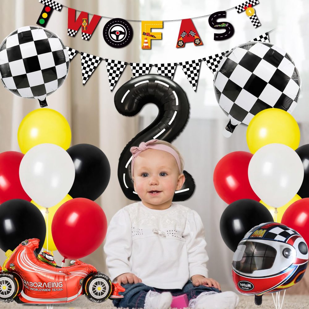 Race Car 2nd Birthday Decorations Boys, Two Fast Birthday Decorations, Racing Cars Birthday Decorations for Kids, Number 2 Balloon Tablecloth Race Car Birthday Party Supplies for 2 year old Baby - Image 2