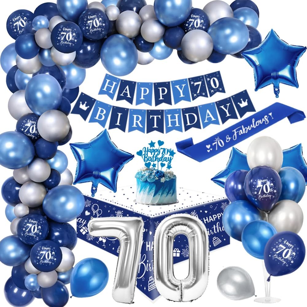 70th Birthday Party Decorations Men,Royal Blue Balloon Arch Kit with Happy Birthday Banner,Cake Topper,Tablecloth,Foil Confetti Balloon,Large Number 70 Balloon,Chrome Blue Silver Balloons