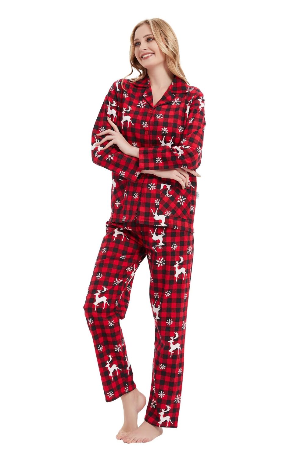 GLOBAL Pyjamas for Women Flannel Cotton Sleepwear long Ladies Pyjamas Sets Button Down LoungewearRed Checks Reindeer,L - Image 3
