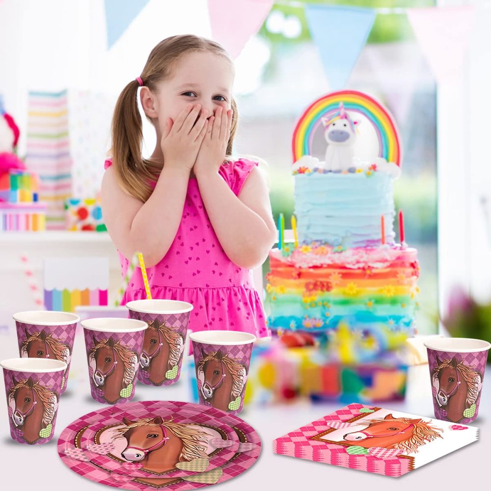 Horse Party Decorations 64 Pcs Horse Tableware Set Party Reusable Tableware Plates Paper Cups Napkins for Girls Kids Birthday Dinner Dessert Baby Shower Pink - Image 8