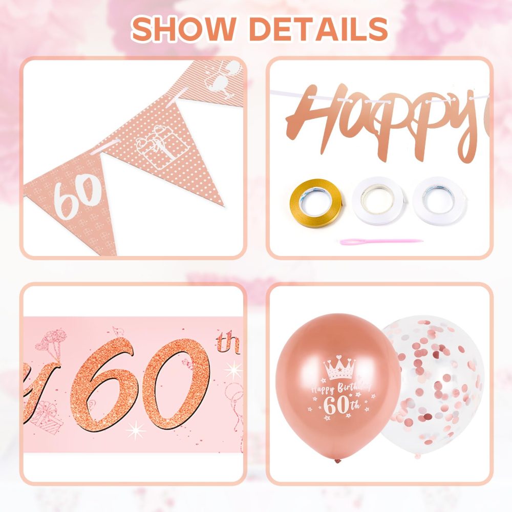 60th Birthday Decorations Kit Rose Gold Happy 60th Birthday Banner Triangle Flag Confetti Balloons Birthday Party Decorations Supplies Age 60 - Image 4