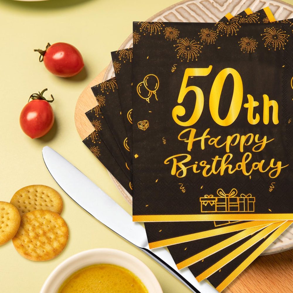 SZSMART Happy Birthday Black and Gold Napkins, 48pcs Party Napkins, Birthday Napkins Happy Birthday Decorations Paper Tissues for Men,Women Birthday Party Supplies Table Decoration (50th) - Image 5