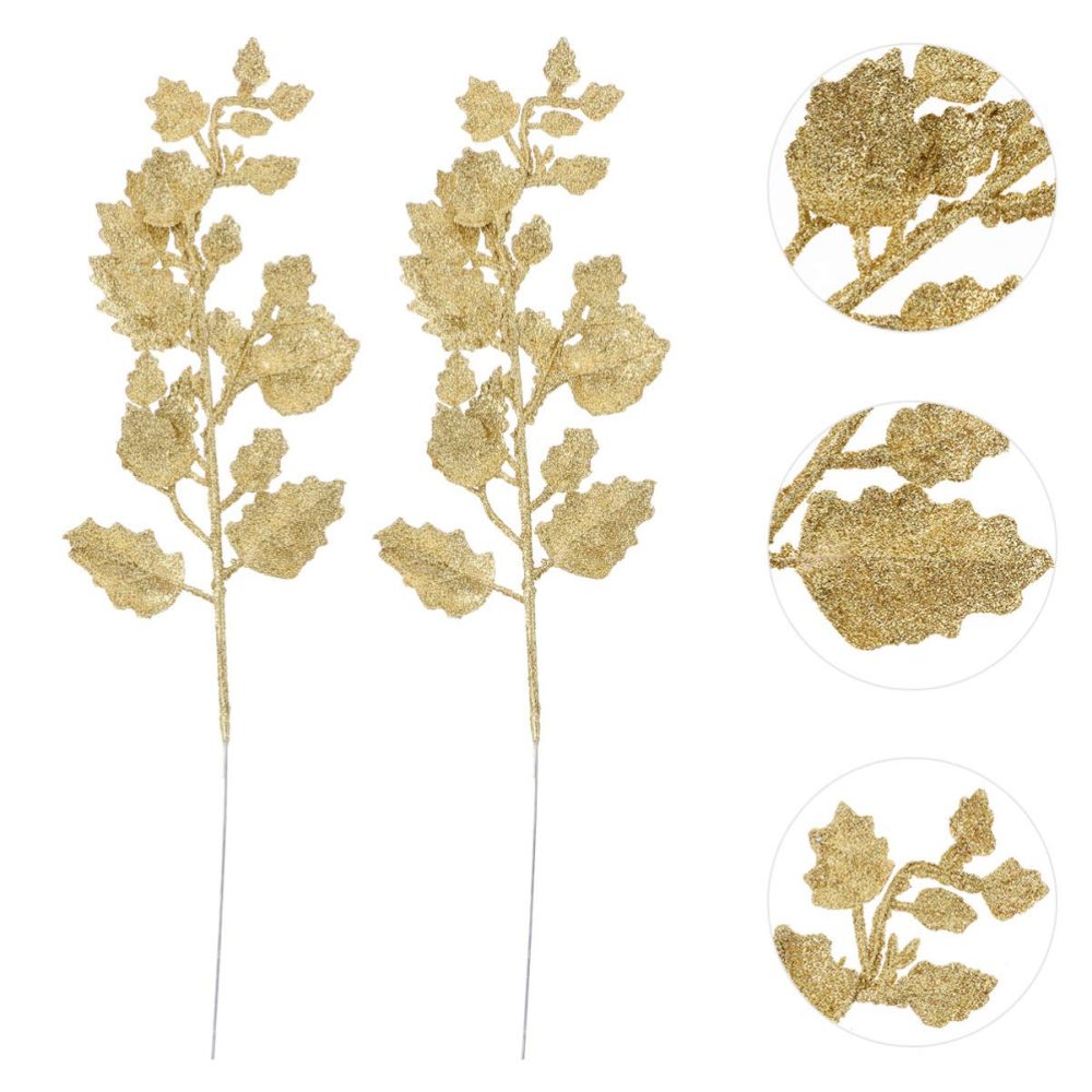 NUOBESTY 10Pcs Chinese Glitter Leaves Picks Sprays Artificial Holly Leaves Picks Stems Wired Twig Stem Fake Bunch for DIY Garland Holiday Wreath Ornament (Golden) - Image 2
