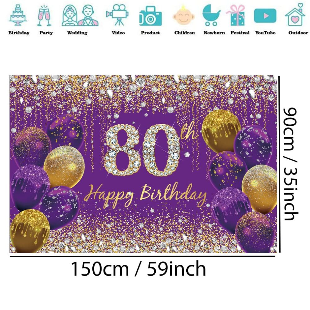 80th Birthday Decorations for Women, Purple Glitter Spots Fabric Sign Poster Birthday Party Decoration, 80th Birthday Background Banner Woman, 80th Birthday Party Decoration - Image 4