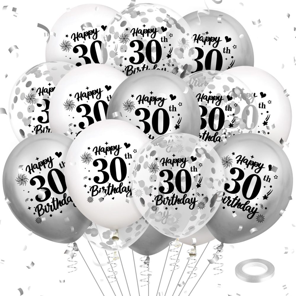 30th Birthday Balloons Decorations White Silver 18pcs Happy 30th Birthday Party Confetti Balloons Latex for Women Men Happy 30th Birthday Anniversary Party Supplies Decor 12 inches Indoor Outdoor