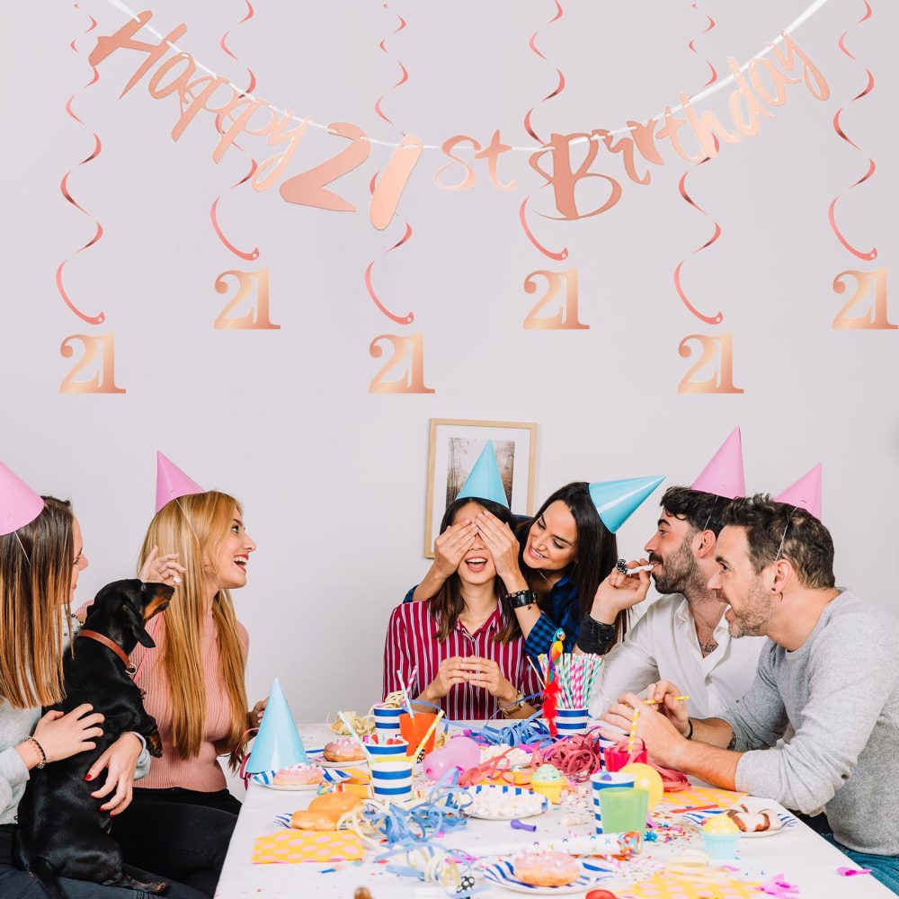 Bliceon 21ts Birthday Bunting Banner, Hanging Swirls Streamers, 21th Birthday Decorations Set for Girls 21 Years Old Birthday Decorations Party Decor - Rose Gold - Image 5