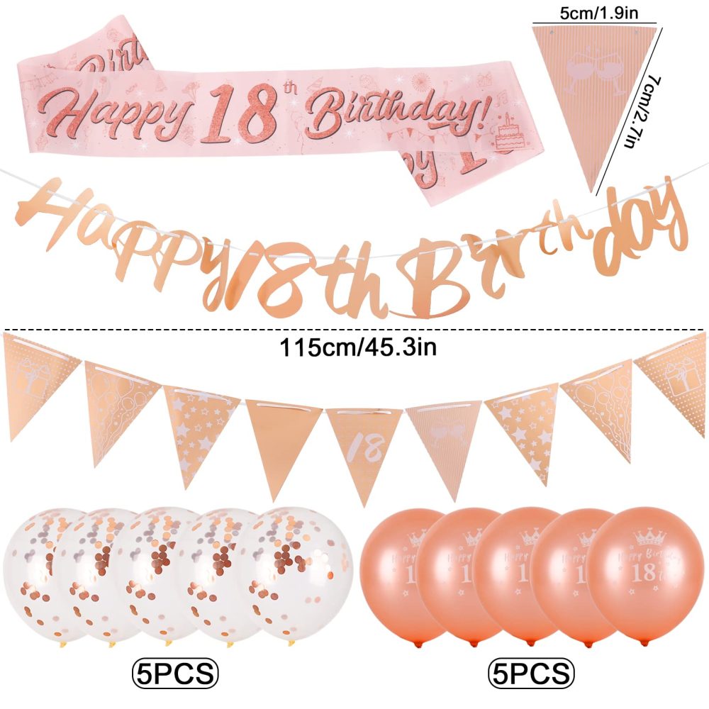 18th Birthday Decorations Kit Rose Gold Happy 18th Birthday Banner Triangle Flag Confetti Balloons Birthday Party Decorations Supplies Age 18 - Image 5