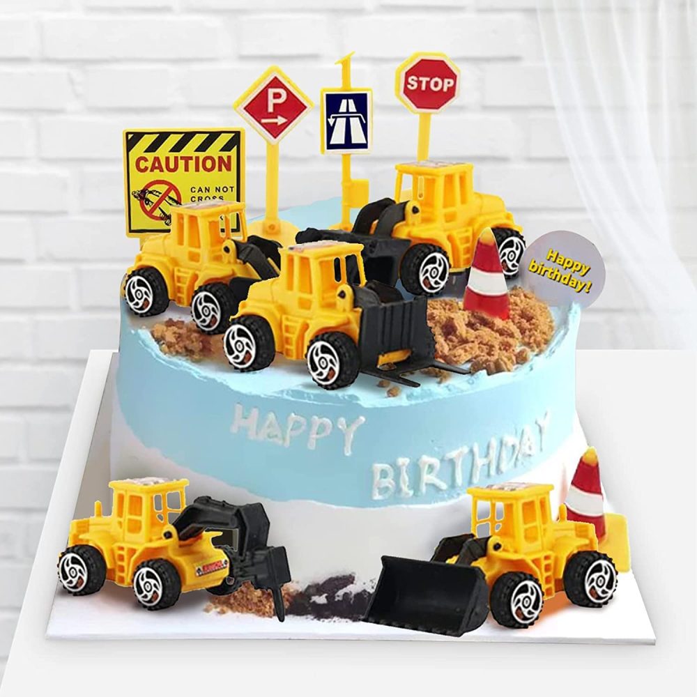 Morofme 16pcs Construction Cake Topper Vehicles Cake Decoration Set Truck Excavator Tower Crane Cupcake Topper Traffic and Road Sign Decor Happy Birthday Party Supplies Favors for Kids Boys