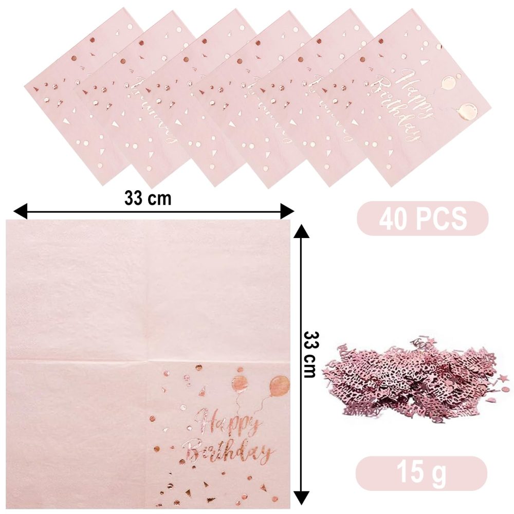 40 Pack Birthday Napkins, 2 Layers Pink Rose Gold Napkins, Happy Birthday Napkins with Confetti, Disposable Party Napkins Set for Table Decorations Cocktail Supplies - Image 6