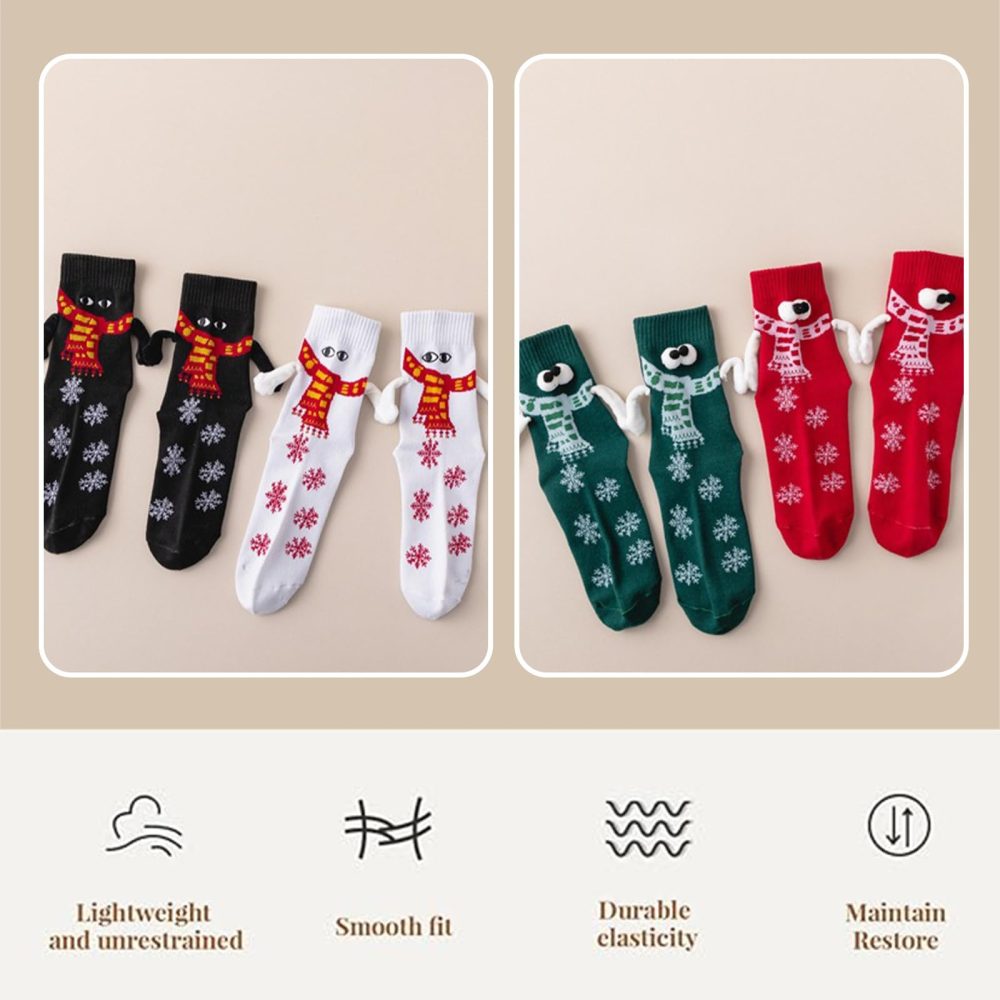 Feliciay 2 Pairs Christmas Holding Hands Socks,Cute Funny 3D Holding Hand Couple Socks,Mid Tube Magnetic Socks with Eyes,Hand in Hand Socks Friendship Socks for Women Men Gift,Christmas 2 - Image 4