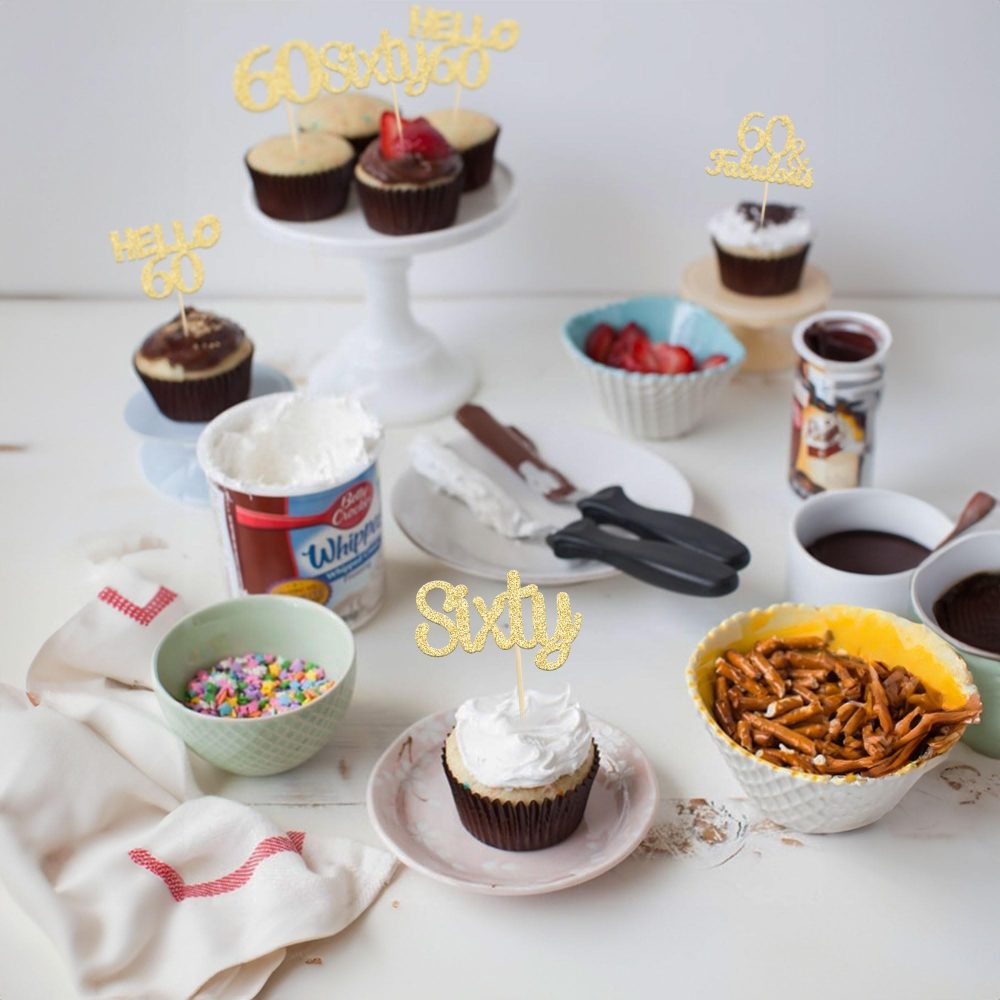 Gyufise 24Pcs Gold Glitter 60th Birthday Cupcake Toppers Hello 60 Sixty Cake Toppers 60 & Fabulous Cupcake Picks 60th Birthday Cake Decorations Supplies - Image 2