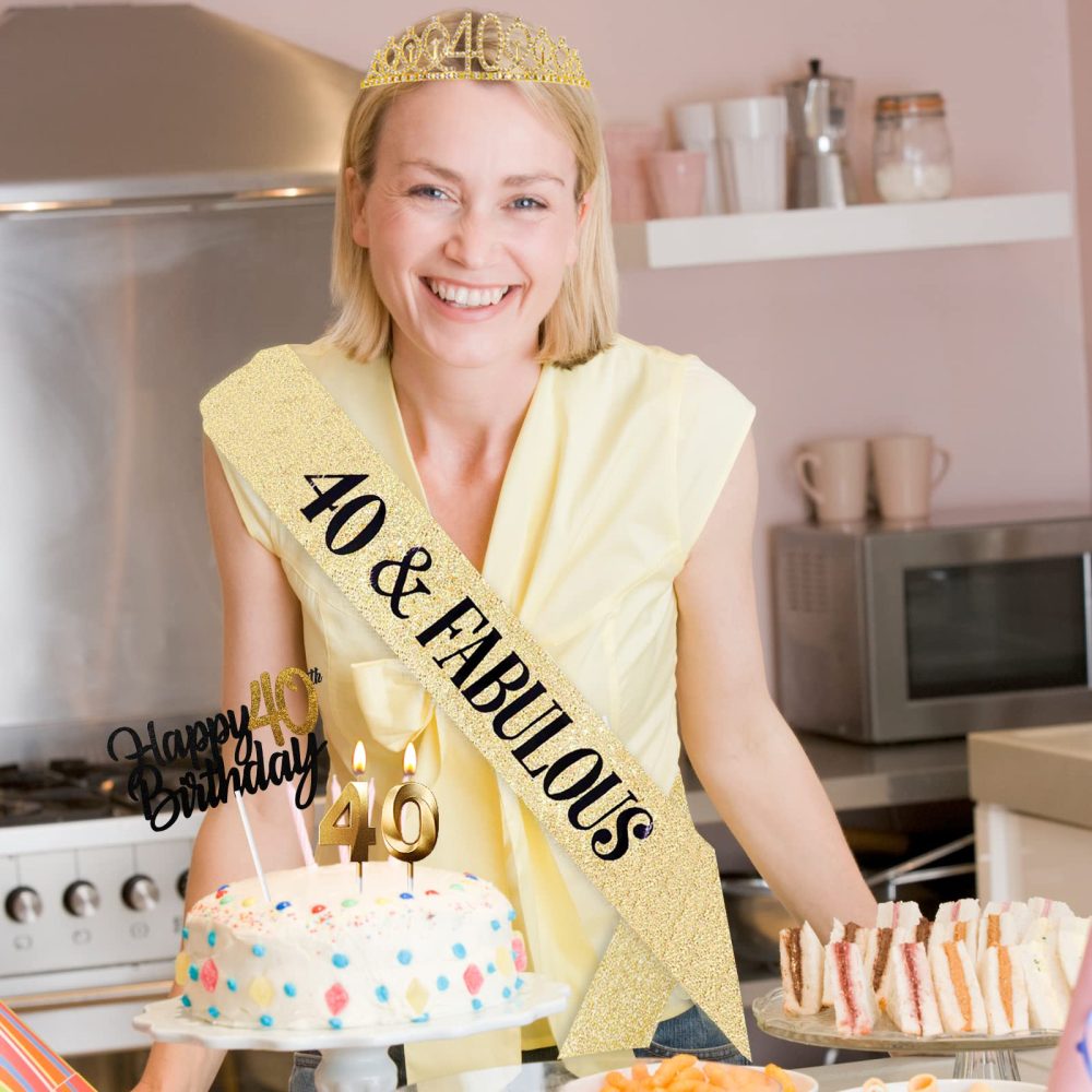 40th Birthday Sash and Tiara Crown Gold 40th Sash Rhinestone Tiara Crown 40th Birthday Number Candles Cake Toppers for Women 40th Birthday Gift Party Decorations Supplies - Image 2
