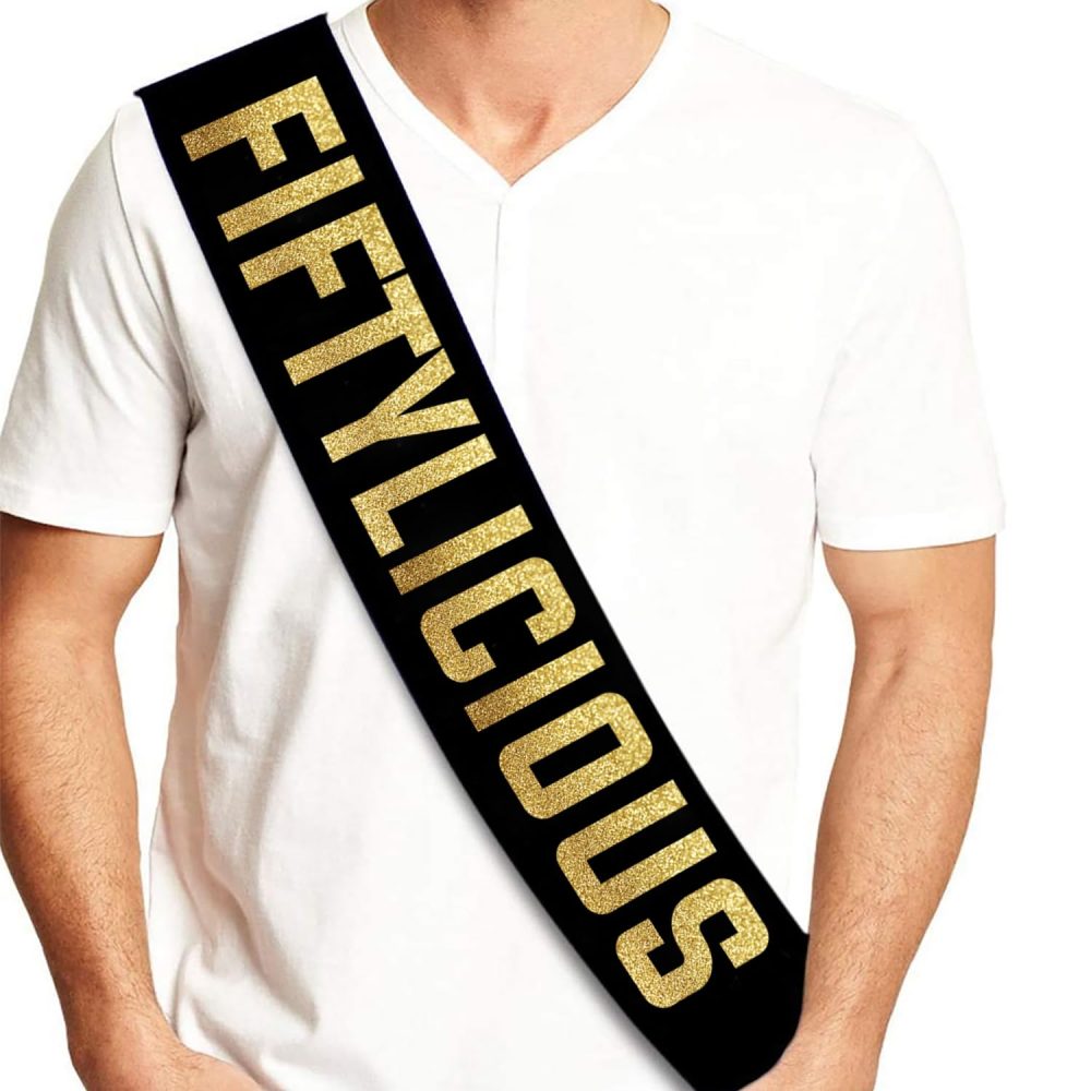 Fiftylicious Black and Gold Glitter Satin Sash - Happy 50th Birthday Party Supplies, Ideas and Decorations - Image 2