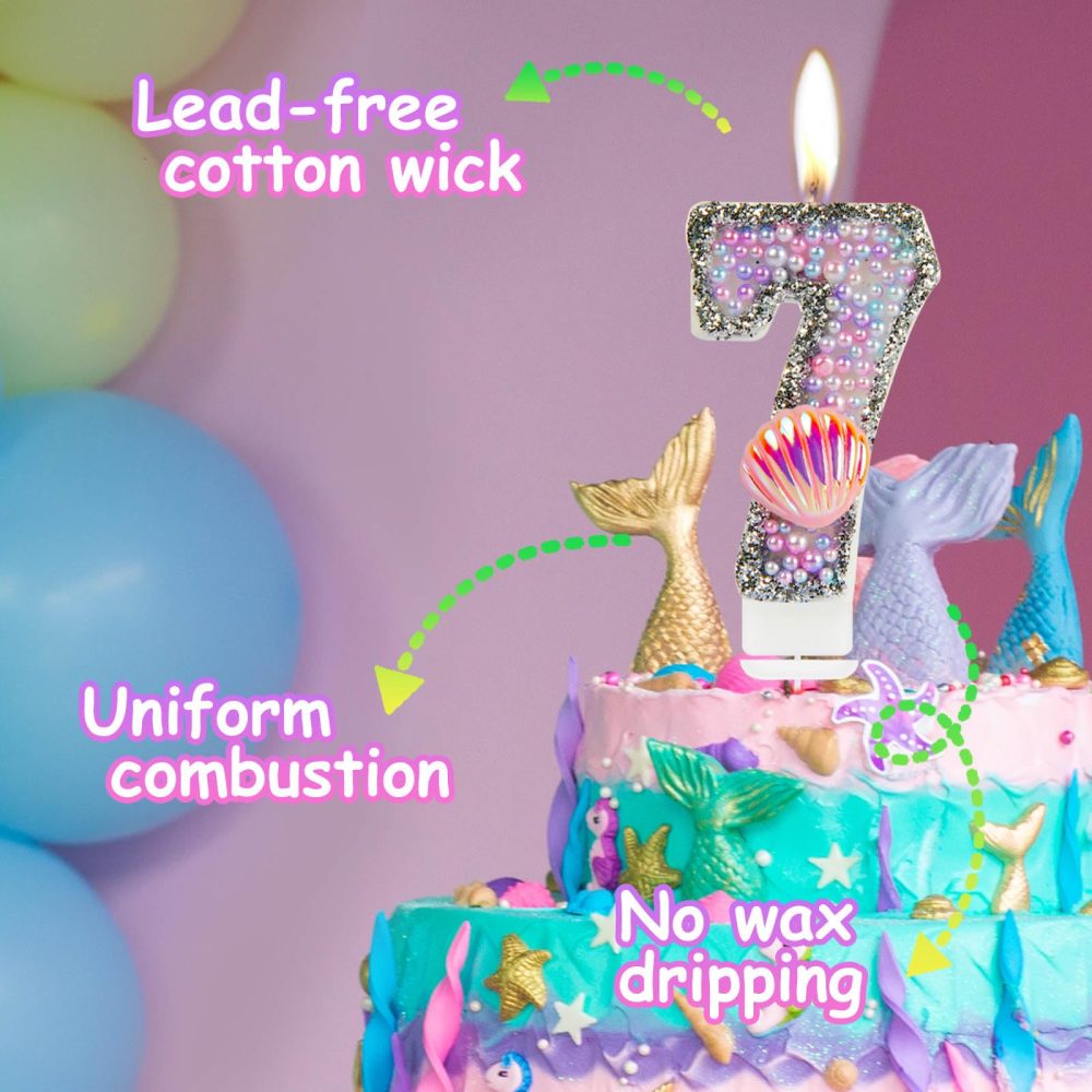 Girls Mermaid Birthday Number Candles, Glitter Mermaid Number 0 Candle with Pink Shell Sequins, Pink Purple Pearls Cake Candles for Girls Mermaid Themed Birthday Decorations Party Supplies - Image 6