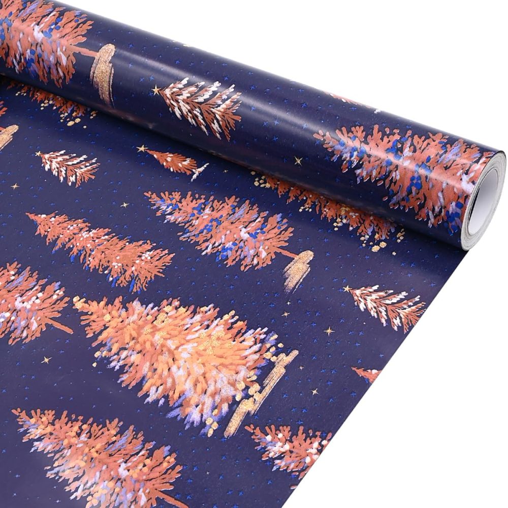 43cm*10m Purple Christmas Wrapping Paper Roll Printed With Pink Xmas Tree, Topeedy Recyclable Xmas Wrapping Paper for Christmas Party Gift Boxes Packing- pink tree