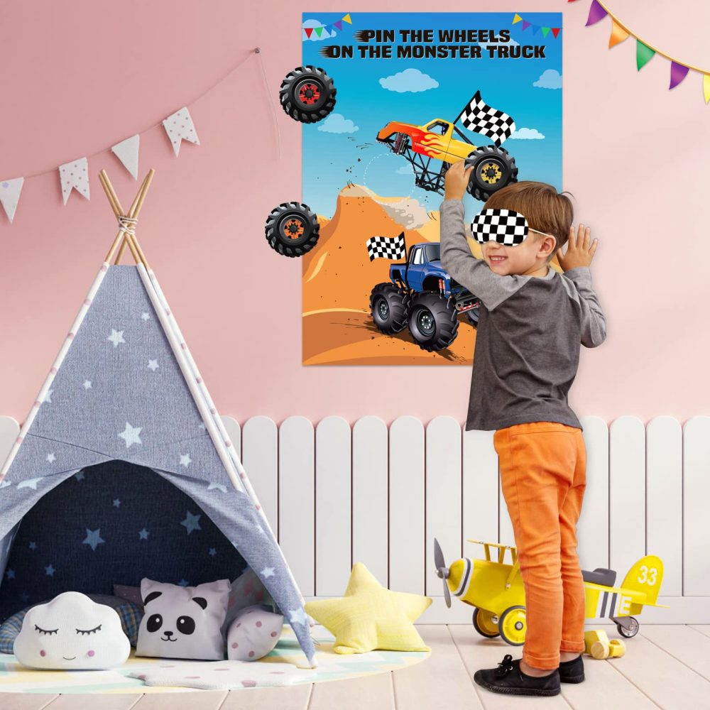 ASTARON Pin The Tail Games on The Truck Party Game with 30 Tyres for Car Theme Birthday Party Supplies Pin Game, Boys Party Baby Shower Background Christmas Party Gifts Favors Decorations - Image 4