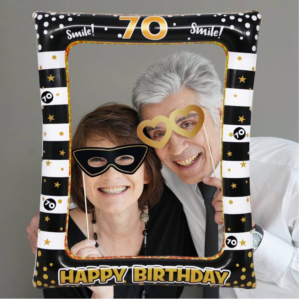 Newthinking 70th Birthday Photo Booth Props, Black Gold Inflatable Selfie Frame Funny DIY Birthday Party Props for 70th Birthday Party Supplies Decoration - Image 3