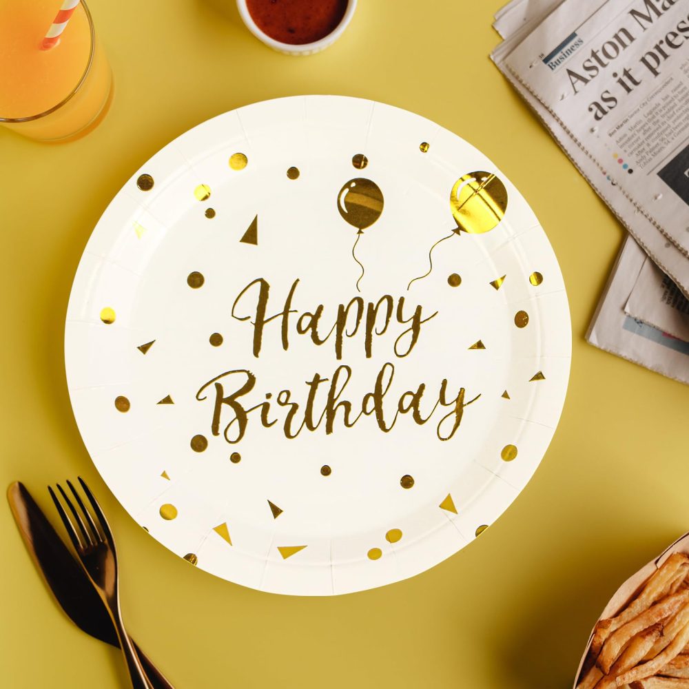 BOKFJBP 50 Pack Party Paper Plates 9 inch Happy Birthday White and Gold Party Paper Plates Set,Disposable Dinner Plates Party Tableware for Graduation, Birthday Decorations, Christmas - Image 5
