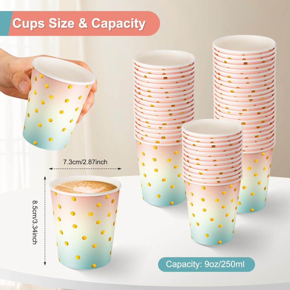 CEILIWEN Pack of 100 Rainbow Color Party Cups, 9 OZ/250ml Polka Dot Paper Cups, Pink Paper Cups for Both Hot Drinks and Cold Drinks (Rainbow Color) - Image 7