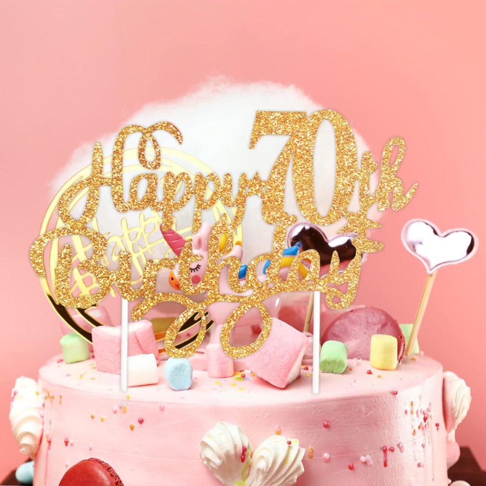 CHEERYMAGIC Happy 70th Birthday Cake Topper Rose Gold Glitter 70th Birthday Cake Decorations Happy Birthday Cupcake Toppers for Birthday Anniversary Party Decorations A4-SRDGZS (Gold) - Image 2
