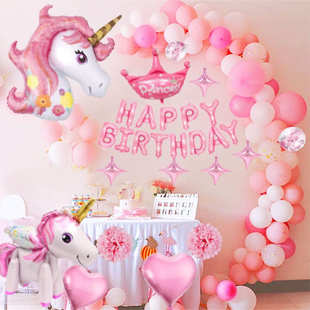 Unicorn Birthday Party Decorations Balloons Girls Pink with Happy Birthday Balloons Huge Unicorn Balloons Heart Shaped Foil Balloons Princess Crown Pom Poms Balloons Party Decoration - Image 6