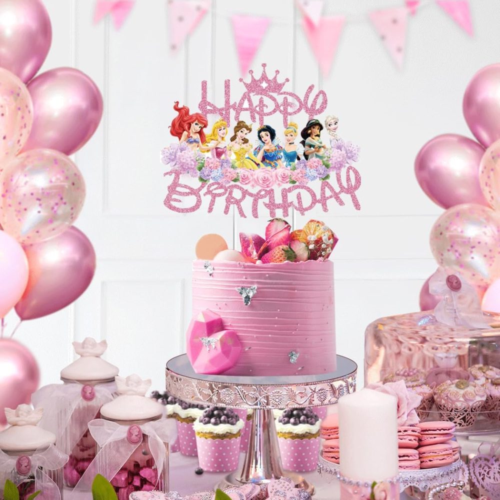 Princess Cake Topper For Girls, Princess Birthday Cake Decorations Pink Glitter Princess Birthday Decoration Theme Party Supplies - Image 2