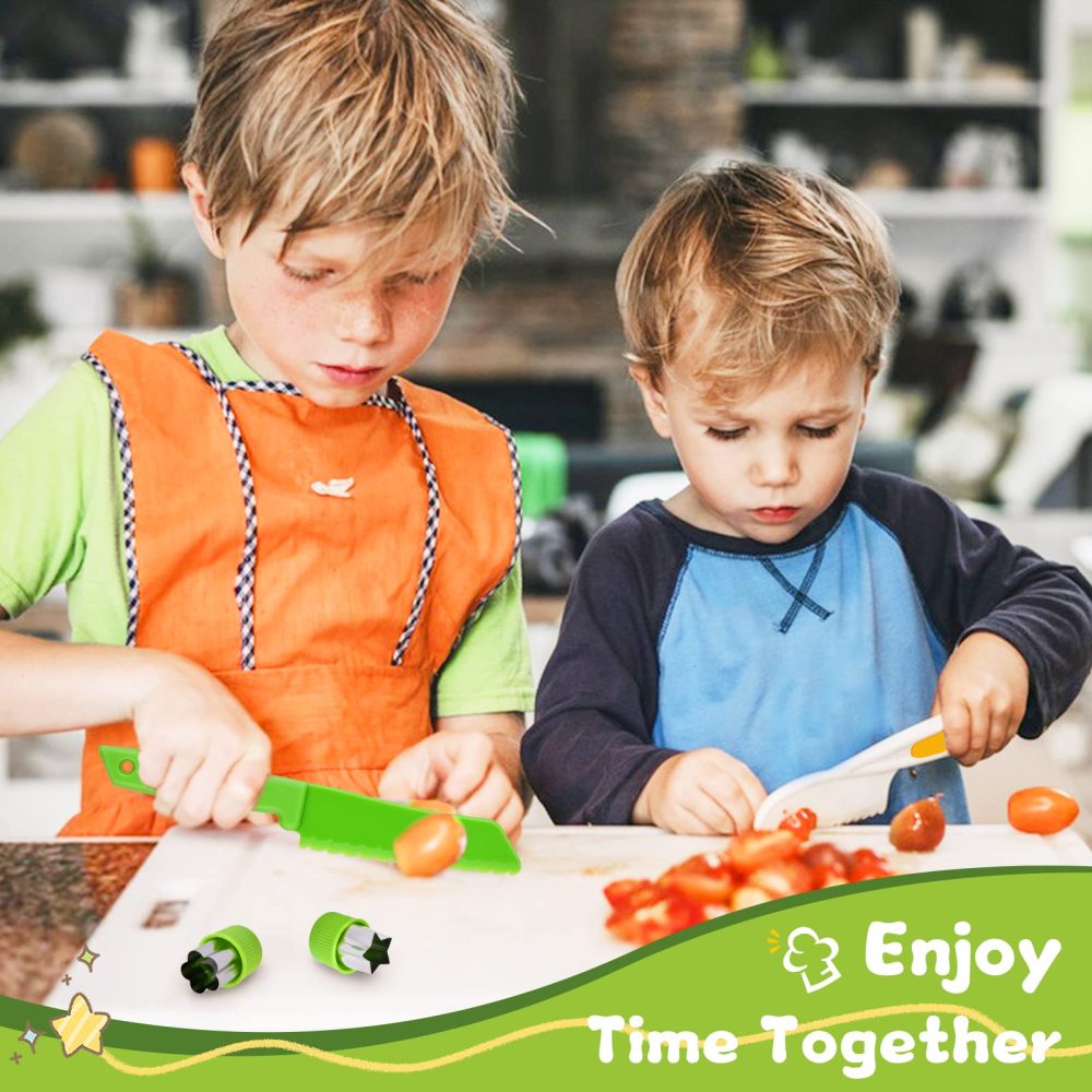 Tyrkuiy 13 Pieces Wooden Kids Kitchen Knifes-Toddler Safe Knives Set for Real Cooking with Plastic Knives/Crinkle Cutter/Kids Cutting Board/Y-Peeler/Fruit Cutters Shapes - Image 2