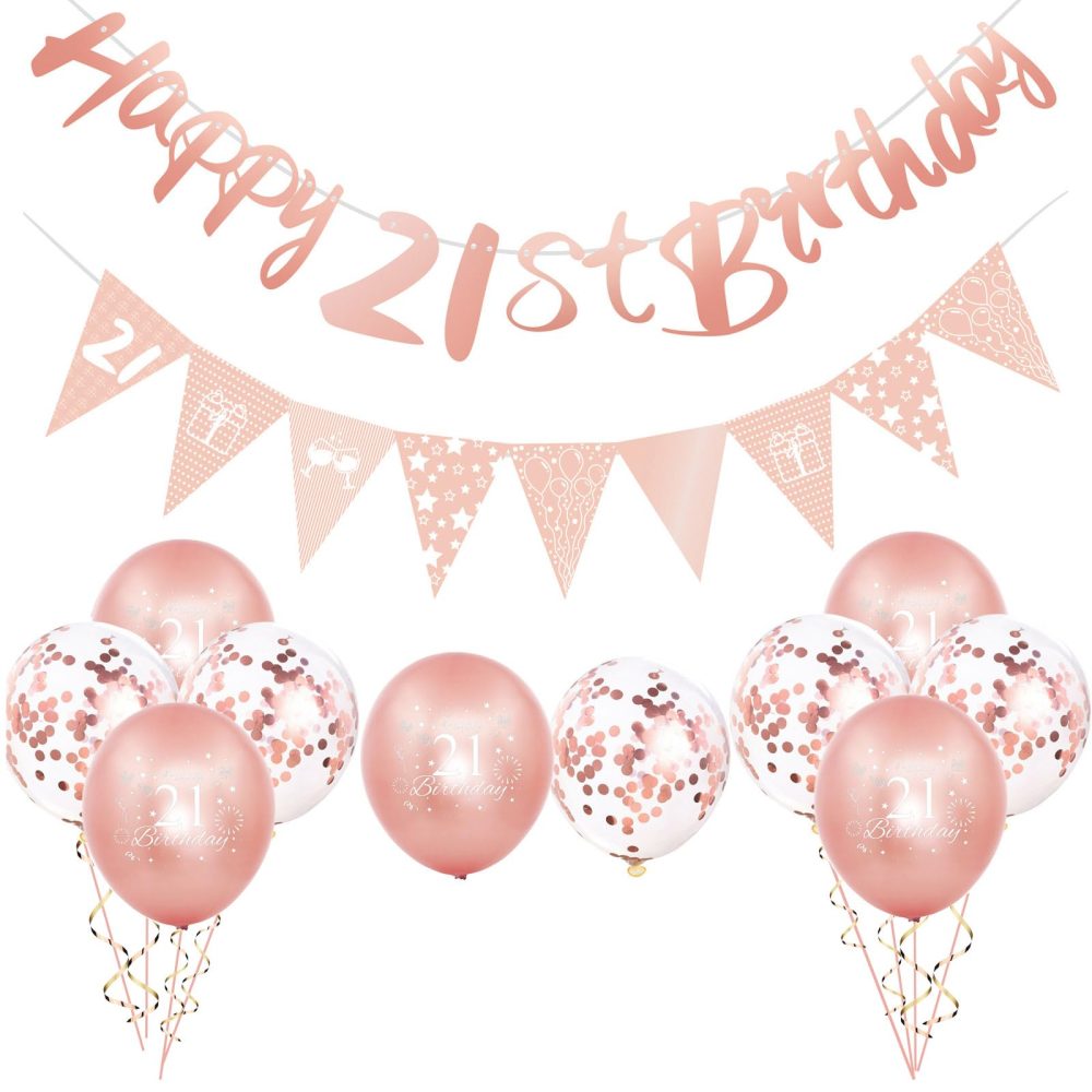 12Pcs Rose Gold Happy 21st Birthday Decorations Set for Her,Women 21st Birthday Balloons Rose Gold Birthday Number 21 Banner Triangle Flag Banner for Women Girls Birthday Party Decorations Supplies