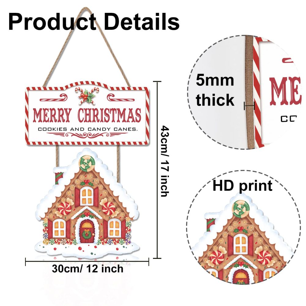 LHIUEM Merry Christmas Gingerbread House Decor for Christmas Wooden Sign Decorations (17x12inch) Xmas Candy Canes Wall Art,Winter Party Hanging Door Sign for Home Festival Porch Front Door Decor - Image 7