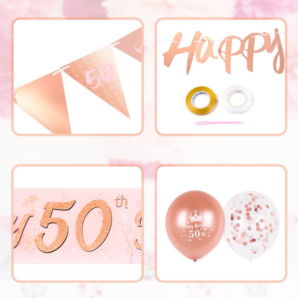 50th Birthday Decorations Kit Rose Gold Happy 50th Birthday Banner Triangle Flag Confetti Balloons Birthday Party Decorations Supplies Age 50 - Image 4