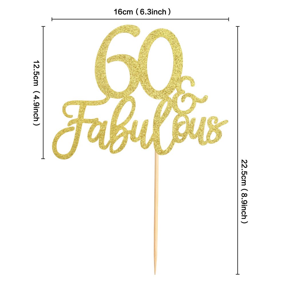 Gold Glittery 60 & Fabulous Birthday Cake Topper for 60th Birthday Party Decorations 60 Birthday Cake Decorations Supplies 3 Pack - Image 9