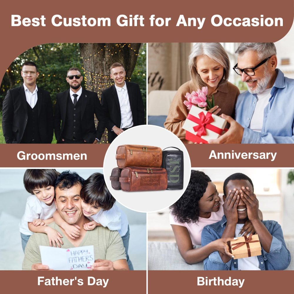 Personalized Leather Toiletry Bag For Men with Hook, Groomsmen Gifts Travel Bag Laser Engraved Name Monogram Leather Gift Anniversary Gift For Him Husband Father Leather Dopp Kit with Side Handle - Image 3
