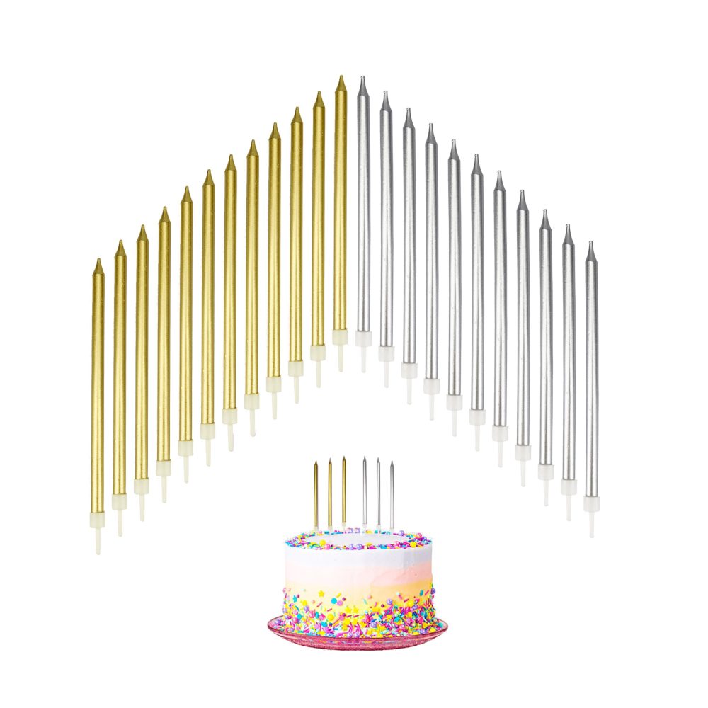 24 PCS Birthday Candles for Cakes, Cake Sparklers with Holders, 13.5CM Long Cake Candles, for Baby Birthday Wedding Party Decoration, Birthday Cake Candles (Gold & Silver)
