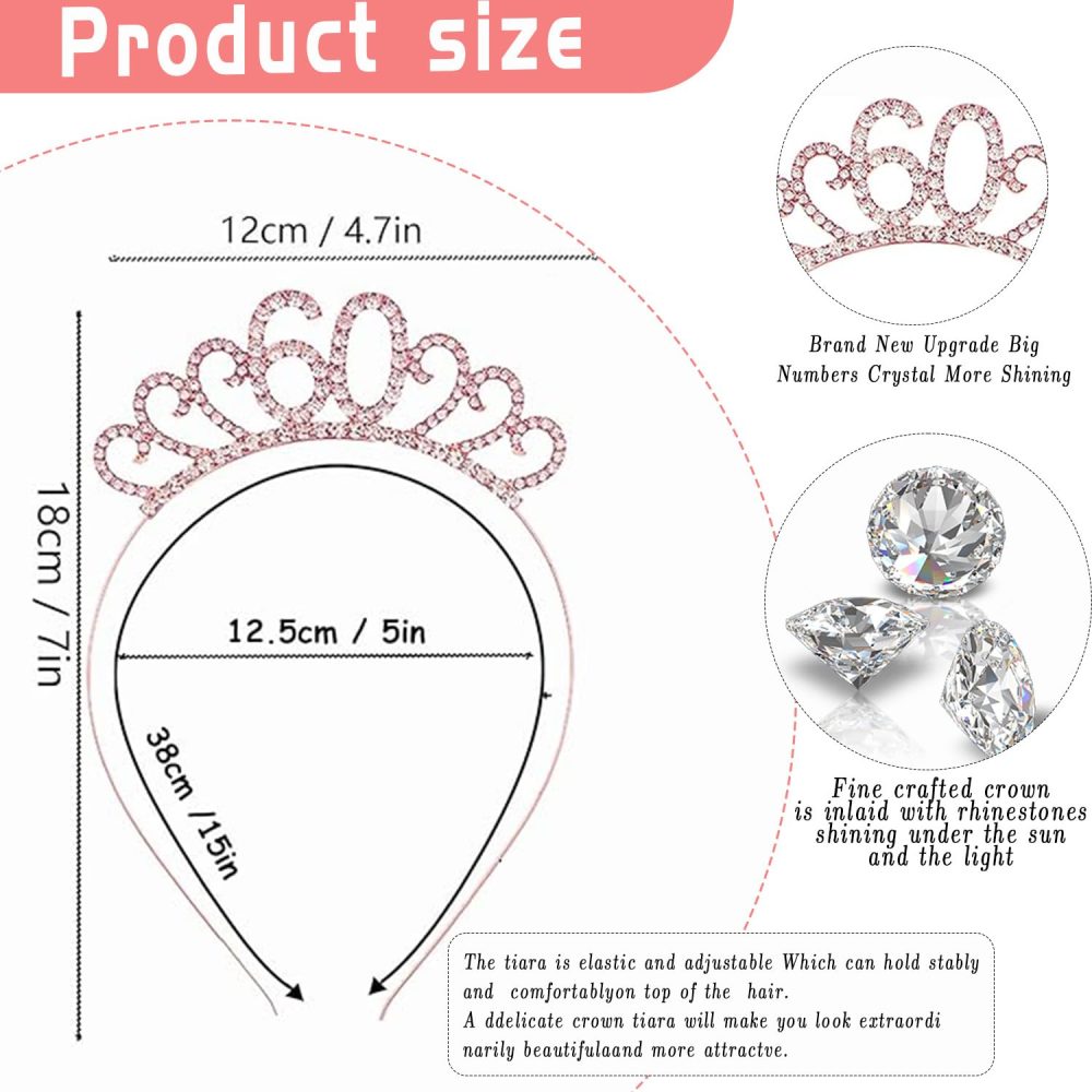 Rose Gold 60th Birthday Sash and Crystal Tiara Set - Elegant Birthday Accessories for Women, Perfect 60th Birthday Gifts, Decorations, and Party Supplies - Image 5